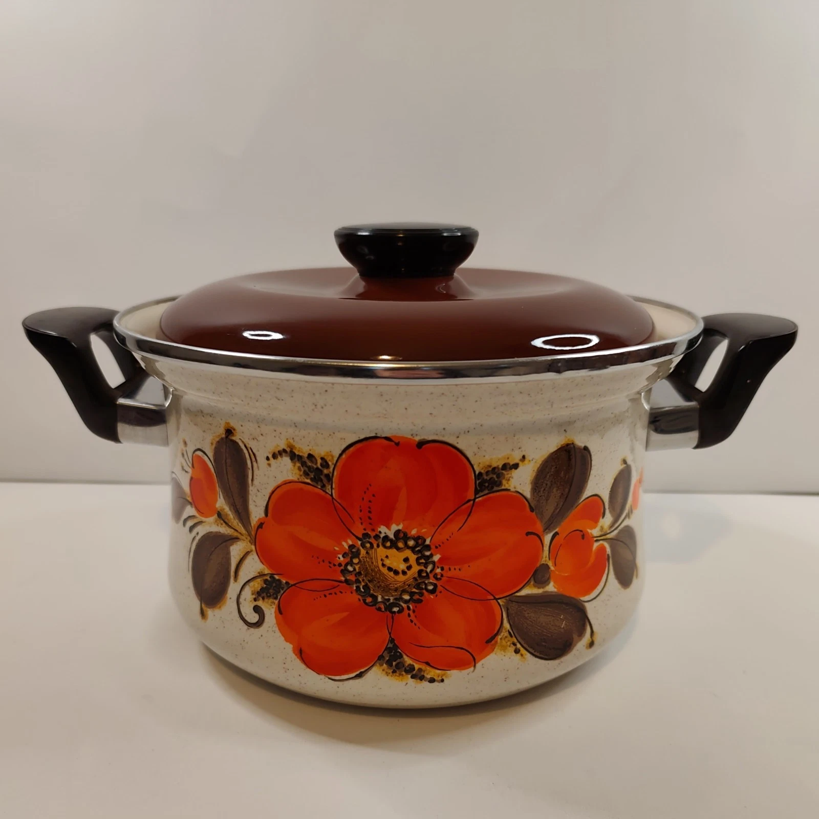 VTG Sanko Ware SHOW PANS Orange Flower 5 Qt Stock Pot w/ Lid Japan Enamel