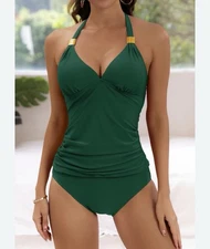 Shein Swim Green Gold  2 Pc Padded Tankini Swimsuit Set Women's Size Large NWOT
