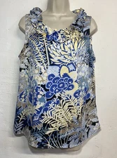 Talbots Large Sleeveless Blouse Blue Yellow Ruffle Neck Tank Top