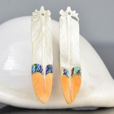 Parrot Feather Earring Pair Carved Multicolor Shell Jewelry Making Supply 2.14g
