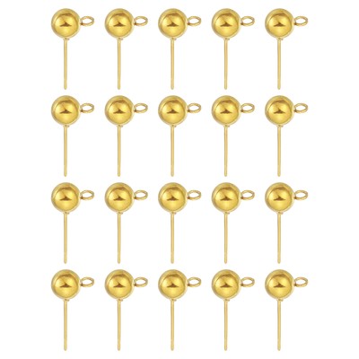20Pcs Ball Post Stud Earrings, 18x6mm Round Ear Pin with Horizontal Loop, Gold