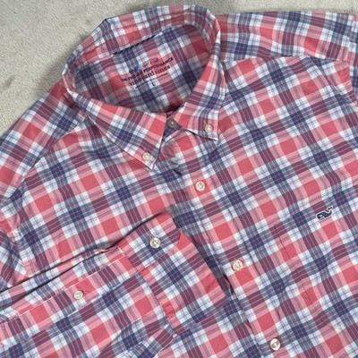 Vineyard Vines On-The-Go Performance Shirt Mens L Pink Blue Plaid Button Down