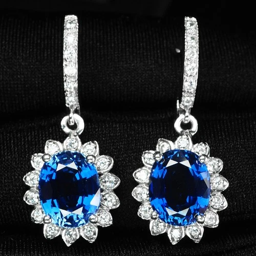 925 Sterling Silver White Gold Earrings Precious Royal Blue Sapphire Oval 7.65Ct
