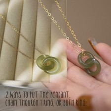 Natural Hetian Jade Pendant Necklace wih Dainty Gold Filled Chain, Two Ring Inte