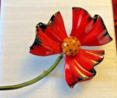 Vintage Original by Robert Enamel Red Flower Brooch Pin Signed Designer 1960's