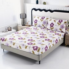 Purple Floral Fitted Sheet Full with 2 Pillowcases, Not Including Flat Sheet,...