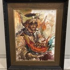 c1970s VINTAGE ORIGINAL OIL PAINTING ASIAN MAN HOLDING A ROOSTER — photo 1