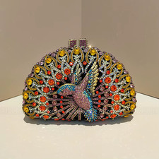 Semicircle Crystal Evening Bags Women Gorgeous Metallic Bird Rhinestone Purses L