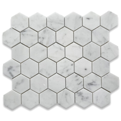 C32XP Carrara Marble Carrera White Venato 2'' Hexagon Mosaic Tile Polished