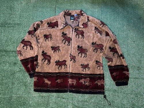 VTG Maximania Shaggy Fleece All Over Moose Print Zip Up Jacket Size M Made USA