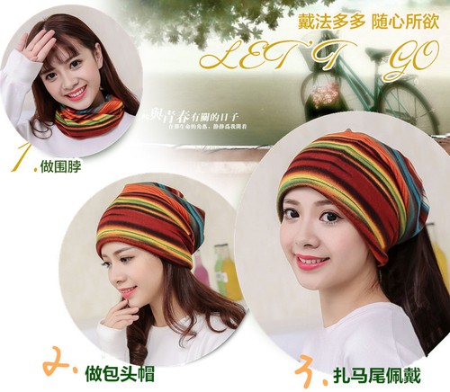 Women Girl Spring Winter Warm Headdress Cap Colorful Stripe Scarf Work Out Hat B - Picture 1 of 16