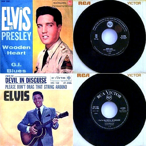King ELVIS Presley 2 ITALY 45s WOODEN HEART/GI BLUES & DEVIL IN DISGUISE/PDDTSA!