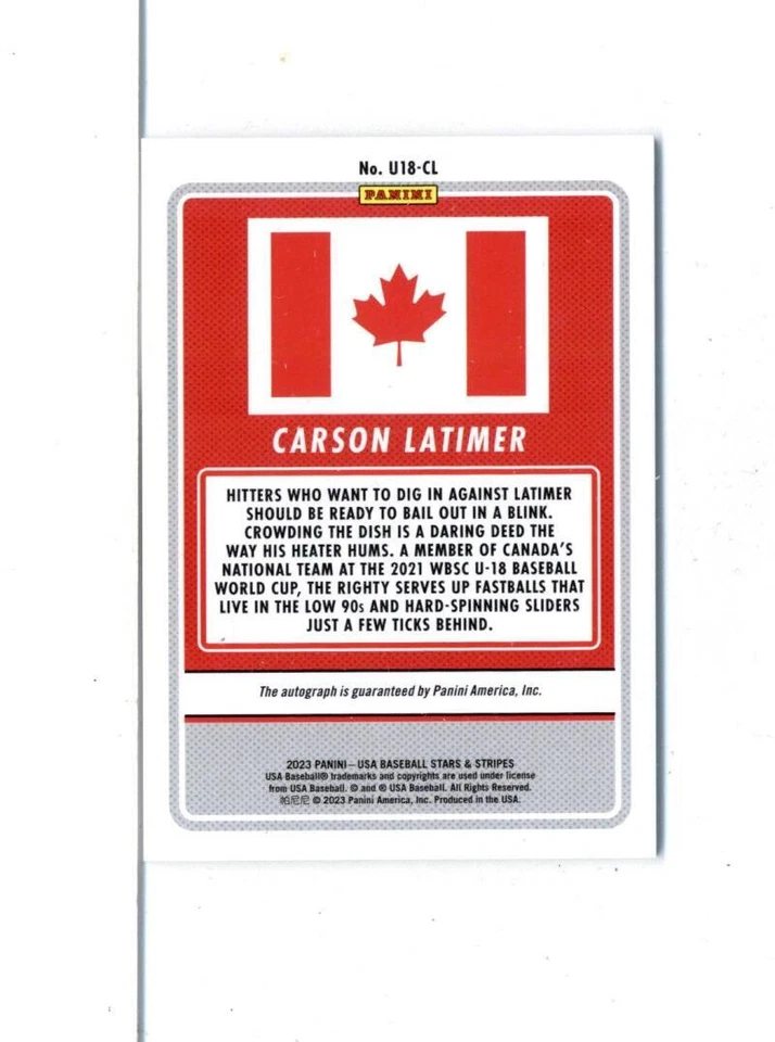 2023 Panini USA Stars & Stripes Autograph Carson Latimer RC AUTO 13/72 Canada - Image 2 of 2