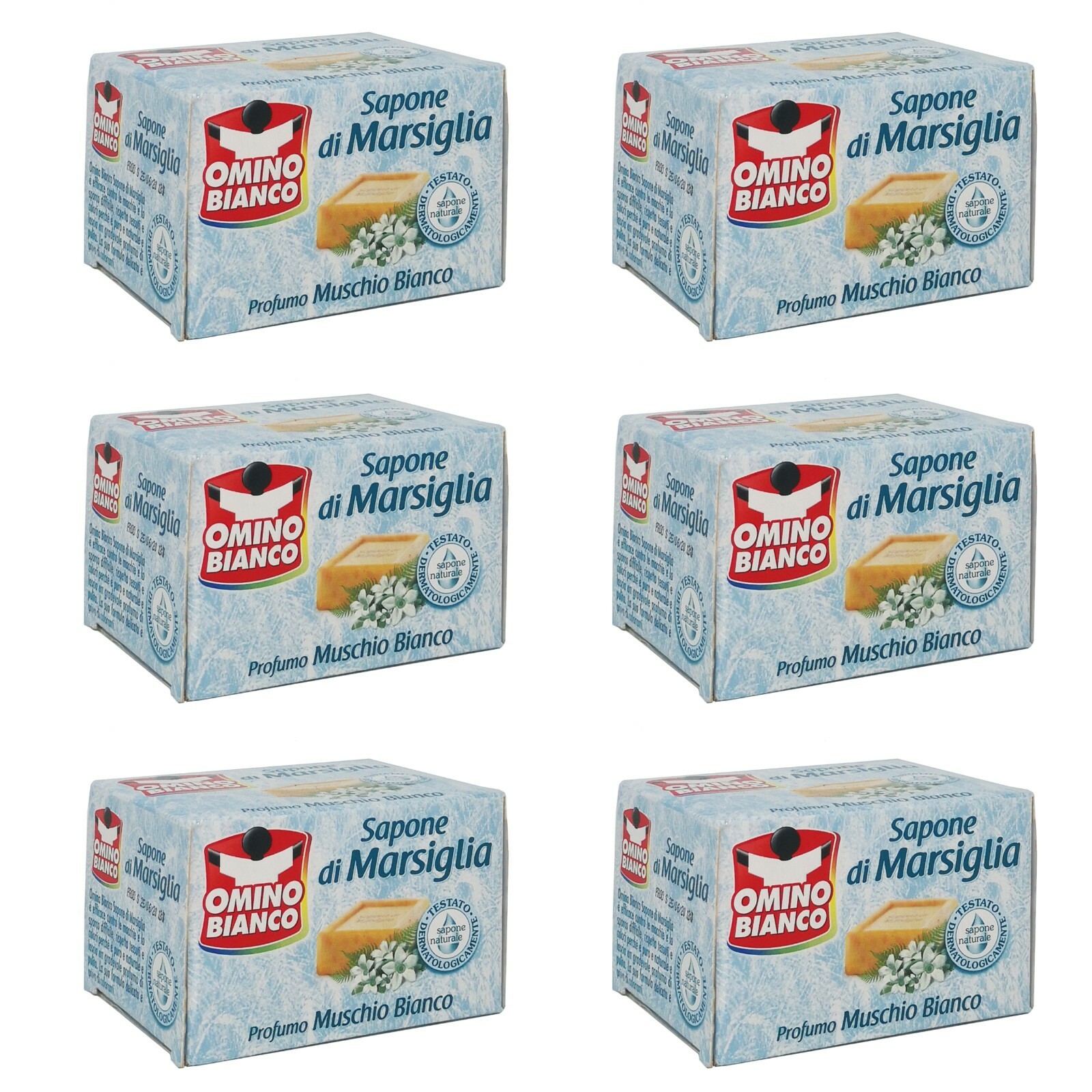 6pz Omino Bianco Sapone di Marsiglia solido bucato a mano muschio bianco 250g