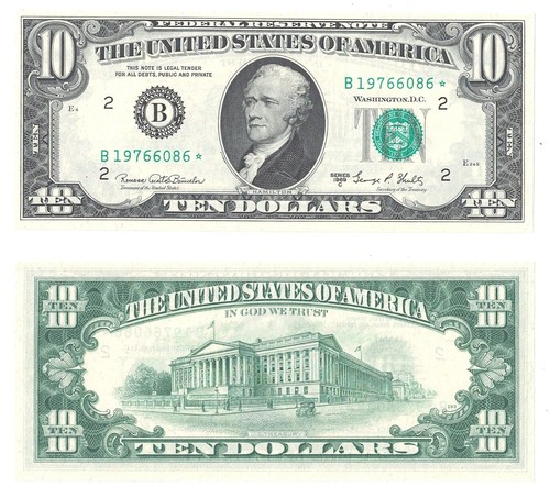 1969-C $10 New York District Federal Reserve Star Note Fr 2021-B* Unc. #086
