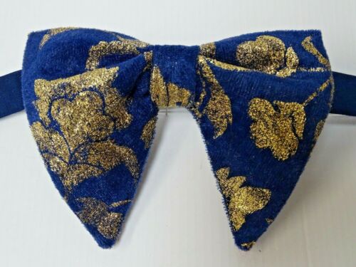 Handmade Mens Navy/Gold Velvet Bow tie Vintage style 70`s Pre-tied Adjustable