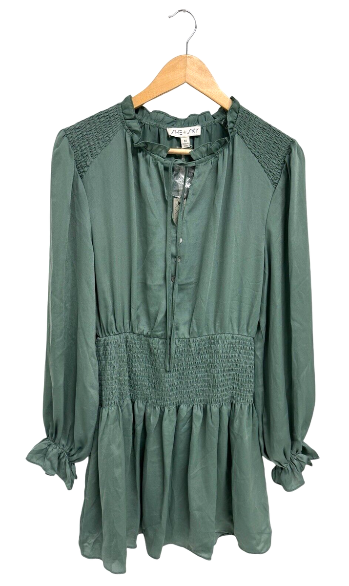 She + Sky women's green shirt dress long sleeve V neck size M | eBay