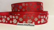 Grosgrain Ribbon, Christmas Foil Snowflakes on Red, Merry Christmas Snowing 7/8"