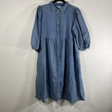 Baltic Born Blue Chambray Tiered Puff Sleeve Button Down Dress Women's Medium