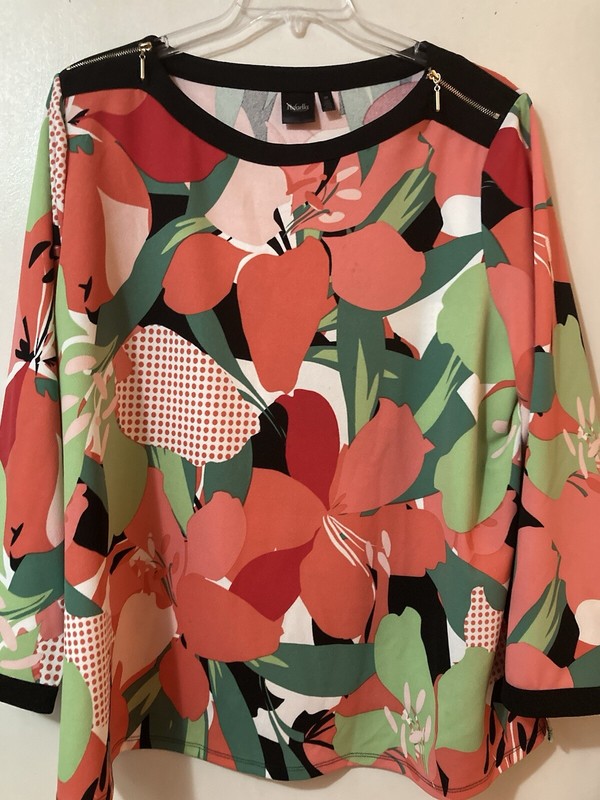 Rafaella Womens Multi Color Floral Long Sleeves Crew Neck Fake Zipper Top 3X