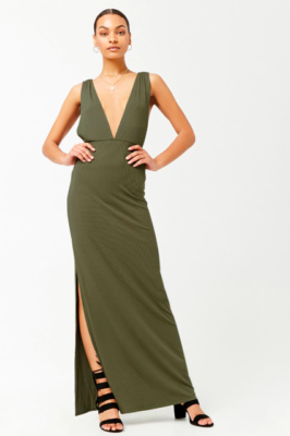 Forever 21 Plunging Ribbed Knit Maxi Dress OLIVE or MAUVE Size XL | eBay