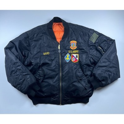 Authentic MA-1 Flight Bomber Jacket Black Orange Lining Eagle Patch Fort Jackson