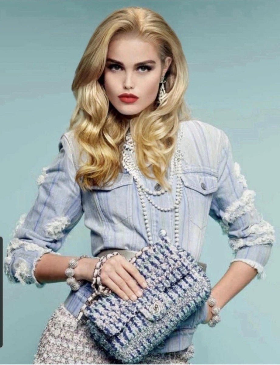 HAY:CHANEL ストライプジャケット 34 Chanel 2018 Blue Stripe Denim White 3D Flower Short Jacket