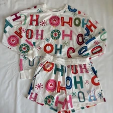 Lounge Long sleep Set Pajama Shorts Long Sleeve Top Christmas White Medium NWT