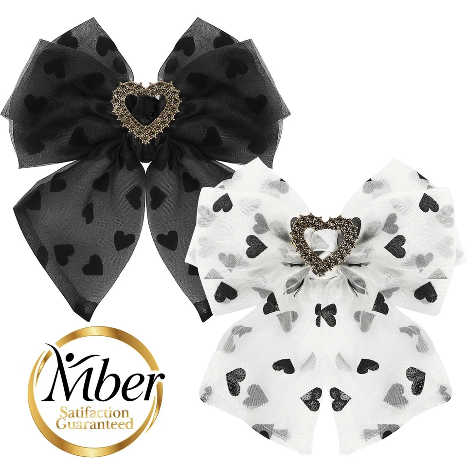 Mber 2x Hair Clip Barrettes Lace Hair Bows, White Black Bow Rhinestone Hair Clip