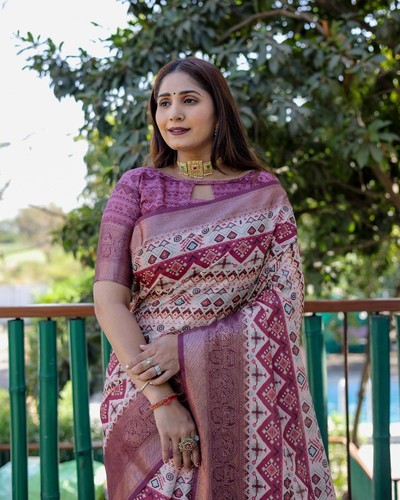 Designer Soft Dola Silk Digital Print Ikkat Pattern Saree. - Picture 1 of 2