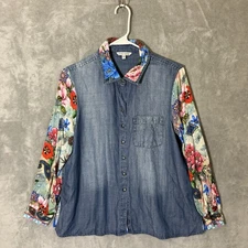 John Mark Top PM Petite Mixed Media Floral Long Sleeve M Boho Roll Tab Sleeve