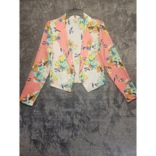 Bongo Floral Bird Print Open Front Blazer Pink White Cropped Size Medium