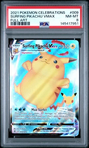 2021 POKEMON CELEBRATIONS #009 FULL ART/SURFING PIKACHU VMAX PSA 8