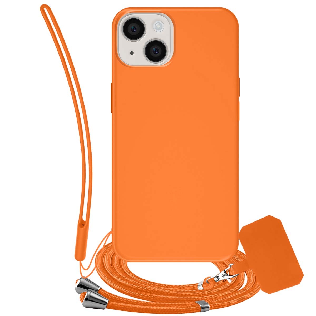 Coque silicone iPhone 14 orange avec cordon pour garder les mains libres en festival