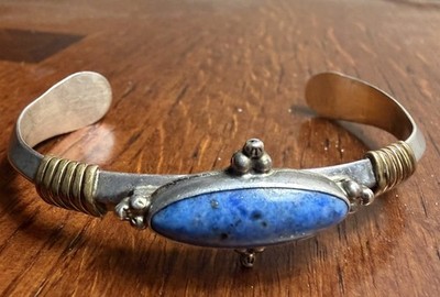 Vintage Native American Sterling Silver 14k Gold Wire Wrapped Blue Bracelet 18g