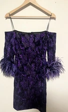 Teri Jon by Rickie Freeman Shift Dress Purple With Feather Trim Square Neckline