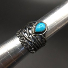Teardrop Turquoise Layered Wide Band 925 Silver Vintage Ring Braided
