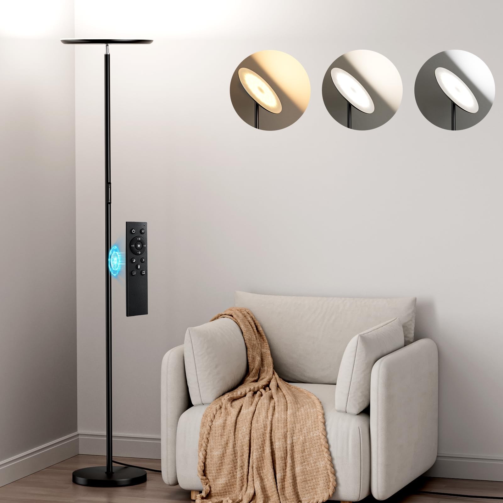 Modern LED Floor Lamp - Remote & Touch Control, 40W/2400LM Sky Torchiere Stan...