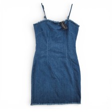 Fashion Nova Womens L Denim Mini Dress Cotton Blue Bodycon Frayed Hem NWT