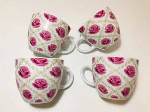 Coffee Tea Mugs Cups Cottage Pink Shabby Roses W/Gold 8oz Set of 4