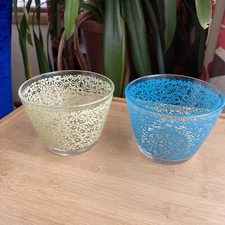 IKEA Godta Ideel Glass Dessert Bowls Blue & Yellow Floral Pattern Set of 2