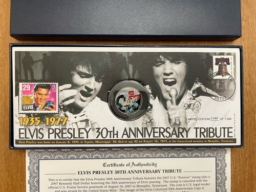 Moneda y estampillas tributo 30 aniversario Morgan Mint Elvis Presley 2007 certificado de autenticidad OGP - Imagen 2 de 8