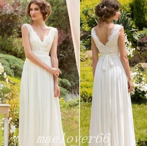 Boho-Chiffon-Lace-V-Neck-Beach-A-Line-Wedding-Dress-Bridal-Gown-White-Ivory-NEW