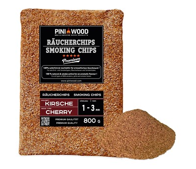 PINI Räucherchips Kirsche 800 G – 6–12 Mm, 100 % Naturbelassen, Mild-süßliches Aroma – Für Gas-, Elektro- & Holzkohlegrills