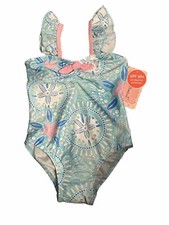 NWT Floatimini Toddler Girl Swim Bathing suit 1pc Blue Sand Dollar Starfish Sz 4