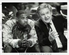 1991 Press Photo Kenny Anderson listens as coach Bill Fitch describes game play