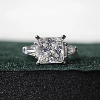 4.87 TCW Princess Moissanite Three Stone Engagement Ring 14K White Gold Plated