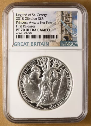 2018 Gibraltar Silver 5 Pounds Legend of St George 'Princess' NGC PF 70 Ult Cam
