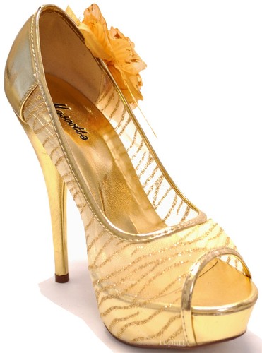 New women's shoes evening stilettos Gold flower glitter platform prom party - Picture 5 of 10