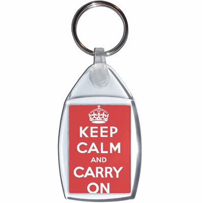 Roter Keep Calm and Carry On durchsichtiger Kunststoff-Schlüsselring (S, M oder L)